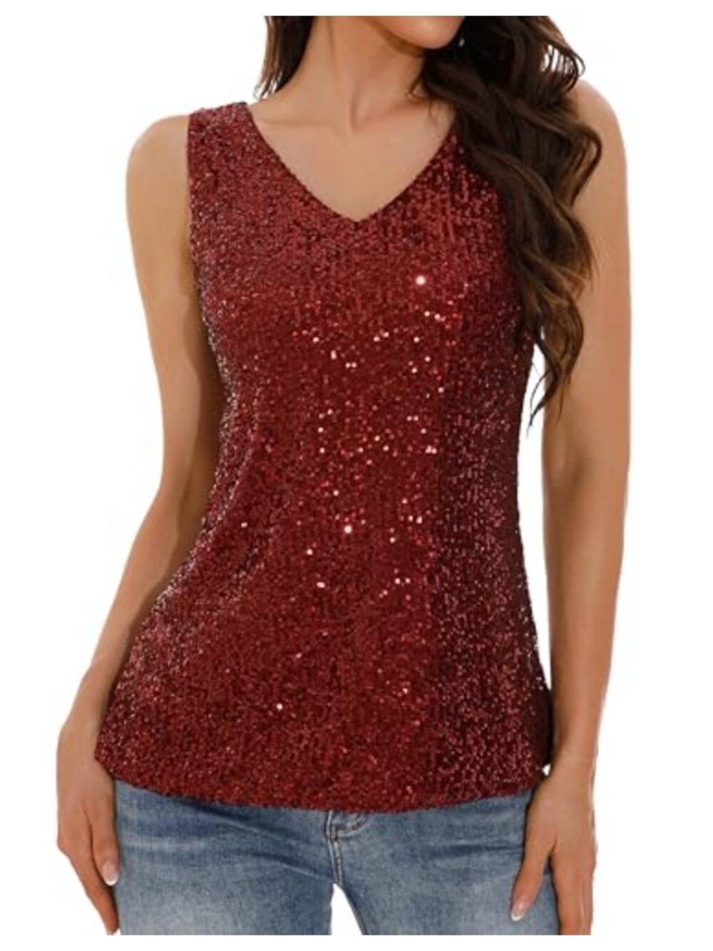 Sequin Tank Top Sleeveless V-Neck Party Glitter Lined